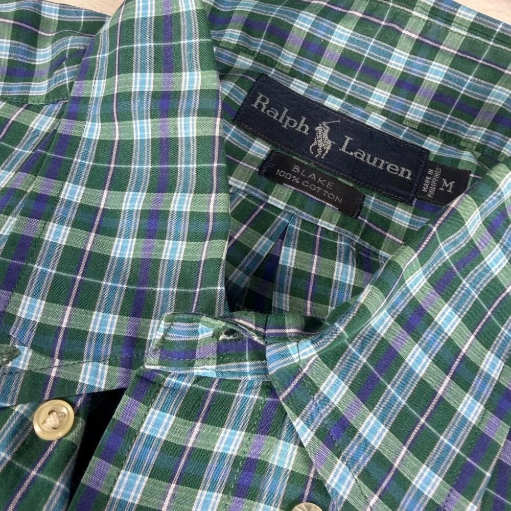 Ralph Lauren Blake Shirt Mens M‎ Green Blue Plaid Short Sleeve Cotton Pony EUC